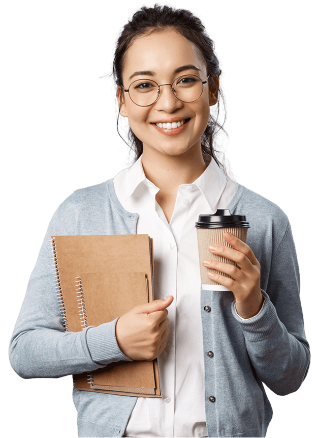 Language learner holding notebooks and coffee