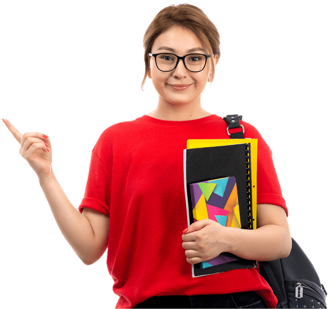 Student pointing towards German course details